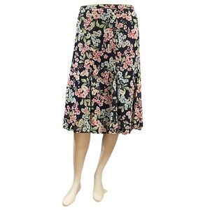 Sag Harbor Petite Size PM Floral Chiffon Midi Skirt Navy Blue Pink Flowers